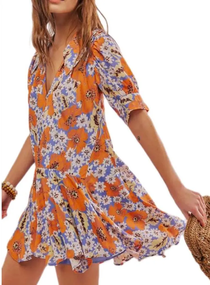 Women Boho Floral Mini Dress Y2k V Neck Ruffle Puff Sleeve Babydoll Flowy Dress Summer Going Out Swing Short Dresses
