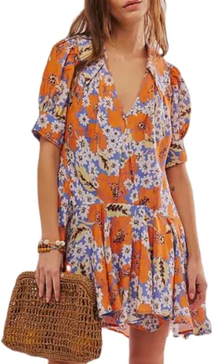 Women Boho Floral Mini Dress Y2k V Neck Ruffle Puff Sleeve Babydoll Flowy Dress Summer Going Out Swing Short Dresses