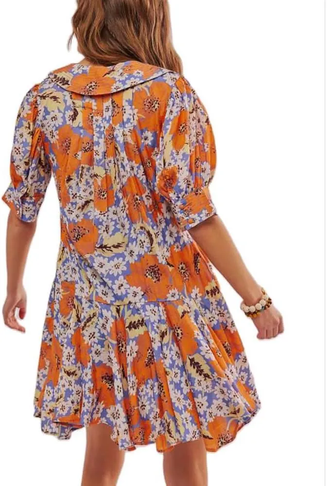 Women Boho Floral Mini Dress Y2k V Neck Ruffle Puff Sleeve Babydoll Flowy Dress Summer Going Out Swing Short Dresses