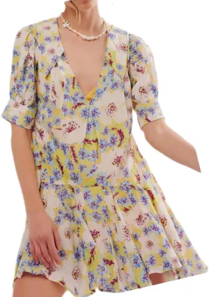 Women Boho Floral Mini Dress Y2k V Neck Ruffle Puff Sleeve Babydoll Flowy Dress Summer Going Out Swing Short Dresses