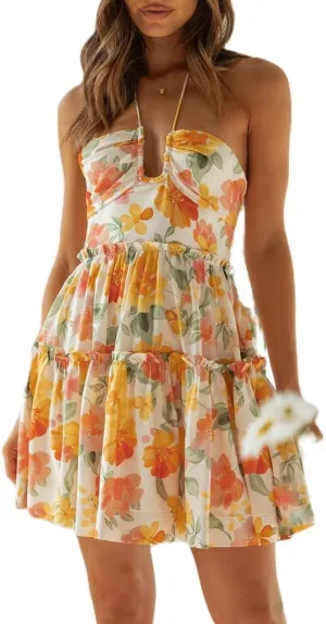 Women Boho Halter Neck Mini Dress Backless Ruffle Tiered Flowy Short Dress Floral Spaghetti Strap Smocked Sundress