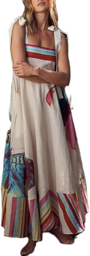 Women Boho Tie Shoulder Maxi Dress Vintage Floral Sleeveless Smocked Long Dress Summer Y2k Vacation Beach Flowy Dress