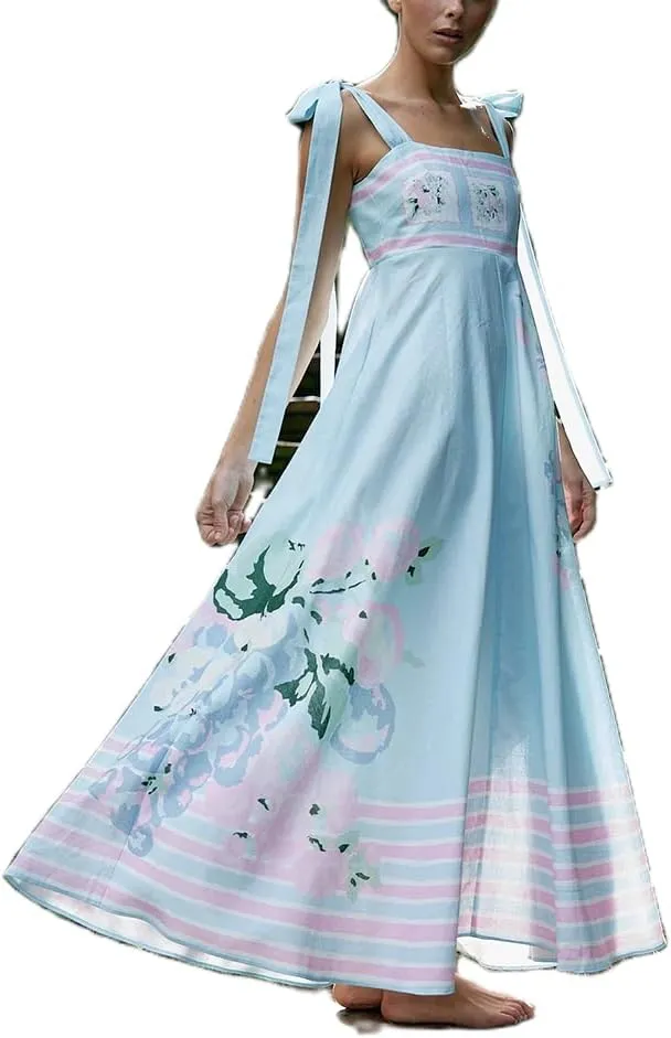 Women Boho Tie Shoulder Maxi Dress Vintage Floral Sleeveless Smocked Long Dress Summer Y2k Vacation Beach Flowy Dress