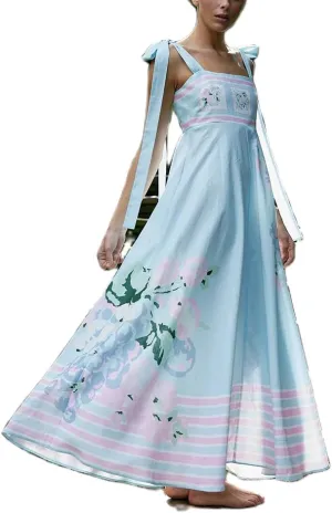 Women Boho Tie Shoulder Maxi Dress Vintage Floral Sleeveless Smocked Long Dress Summer Y2k Vacation Beach Flowy Dress