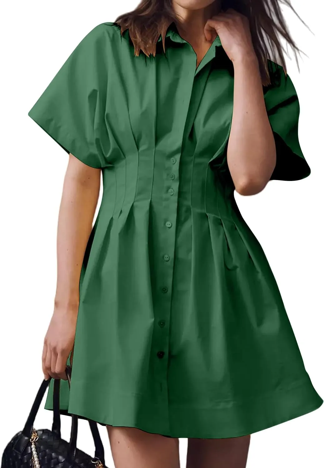 Women Button Front Pleated Stripe Shirt Dresses Summer Casual Short Sleeve Pleated Blouse Mini Dress