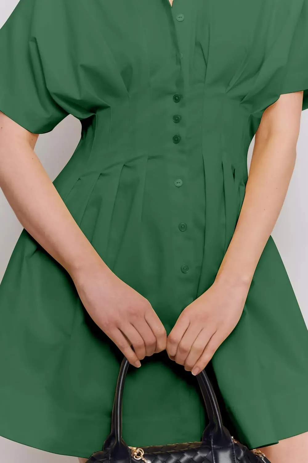 Women Button Front Pleated Stripe Shirt Dresses Summer Casual Short Sleeve Pleated Blouse Mini Dress