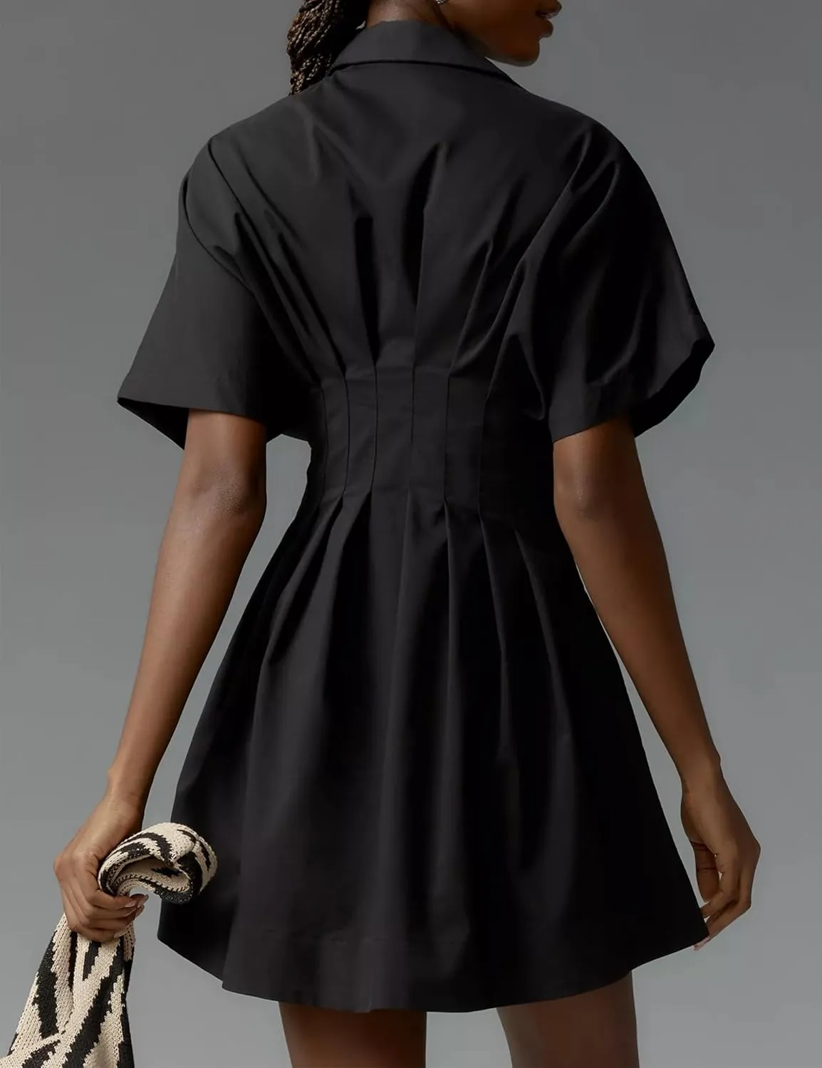 Women Button Front Pleated Stripe Shirt Dresses Summer Casual Short Sleeve Pleated Blouse Mini Dress