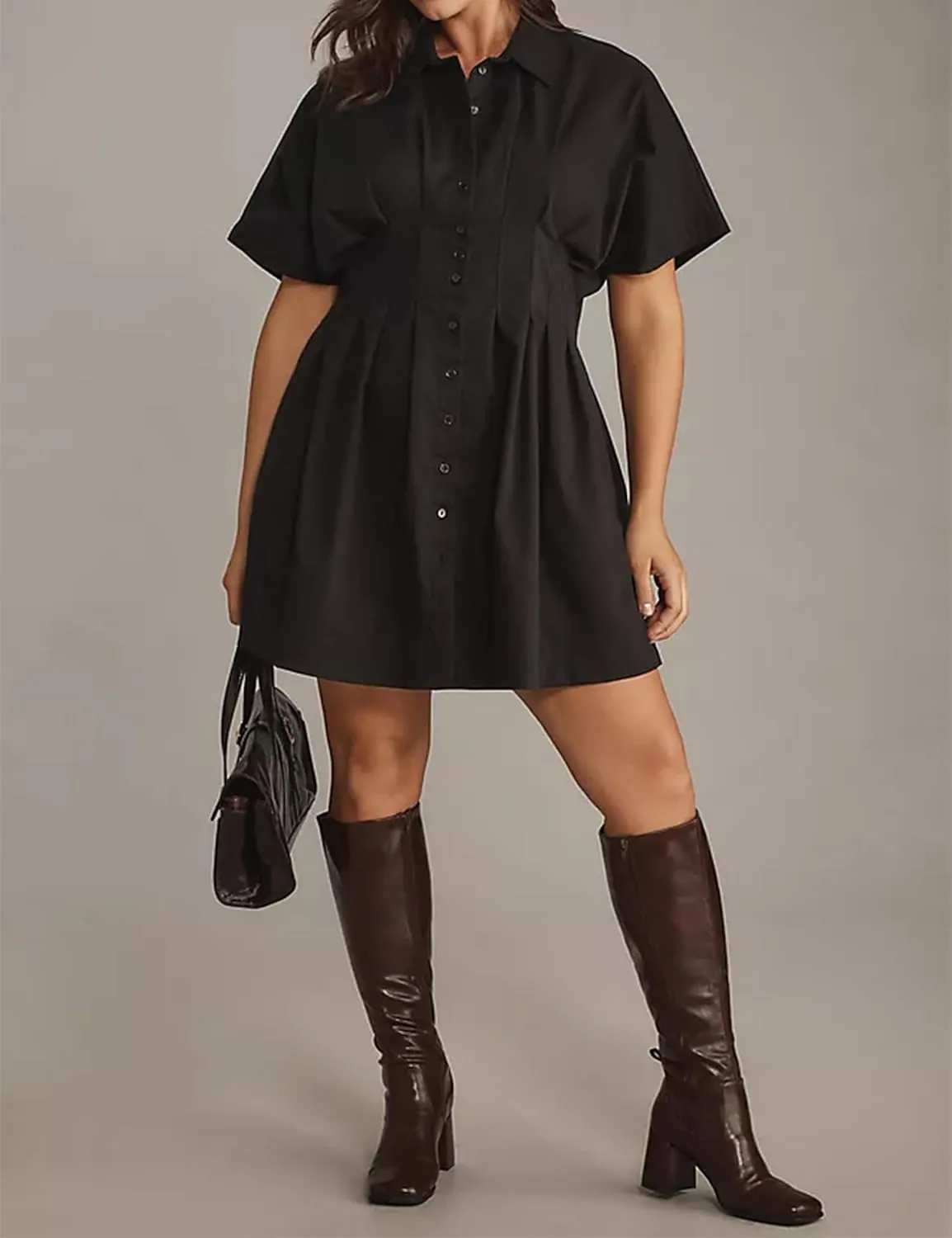 Women Button Front Pleated Stripe Shirt Dresses Summer Casual Short Sleeve Pleated Blouse Mini Dress