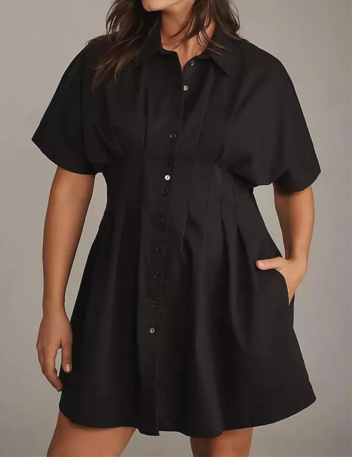 Women Button Front Pleated Stripe Shirt Dresses Summer Casual Short Sleeve Pleated Blouse Mini Dress