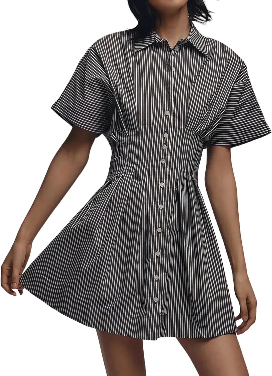 Women Button Front Pleated Striped Shirt Dress Short Sleeve Pleated Blouse Mini Dress Summer Casual Short Dress