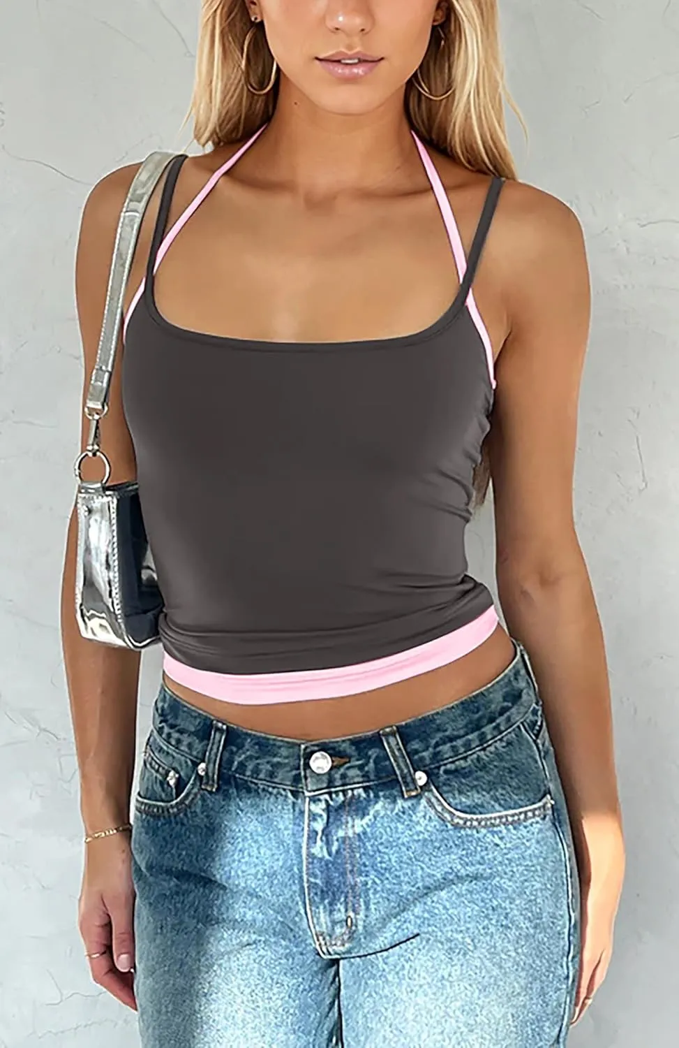 Women Double Spaghetti Strap Colorblock Crop Cami Top Backless Halter Square Neck Contrast Slim Strappy Cropped Tank