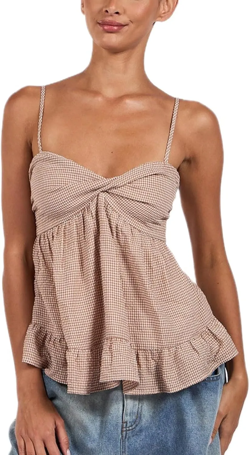Women Floral Babydoll Top Sexy V Neck Backless Ruffle Hem Going Out Tops Cute Bow Flowy Tank Tops Boho Peplum Tops