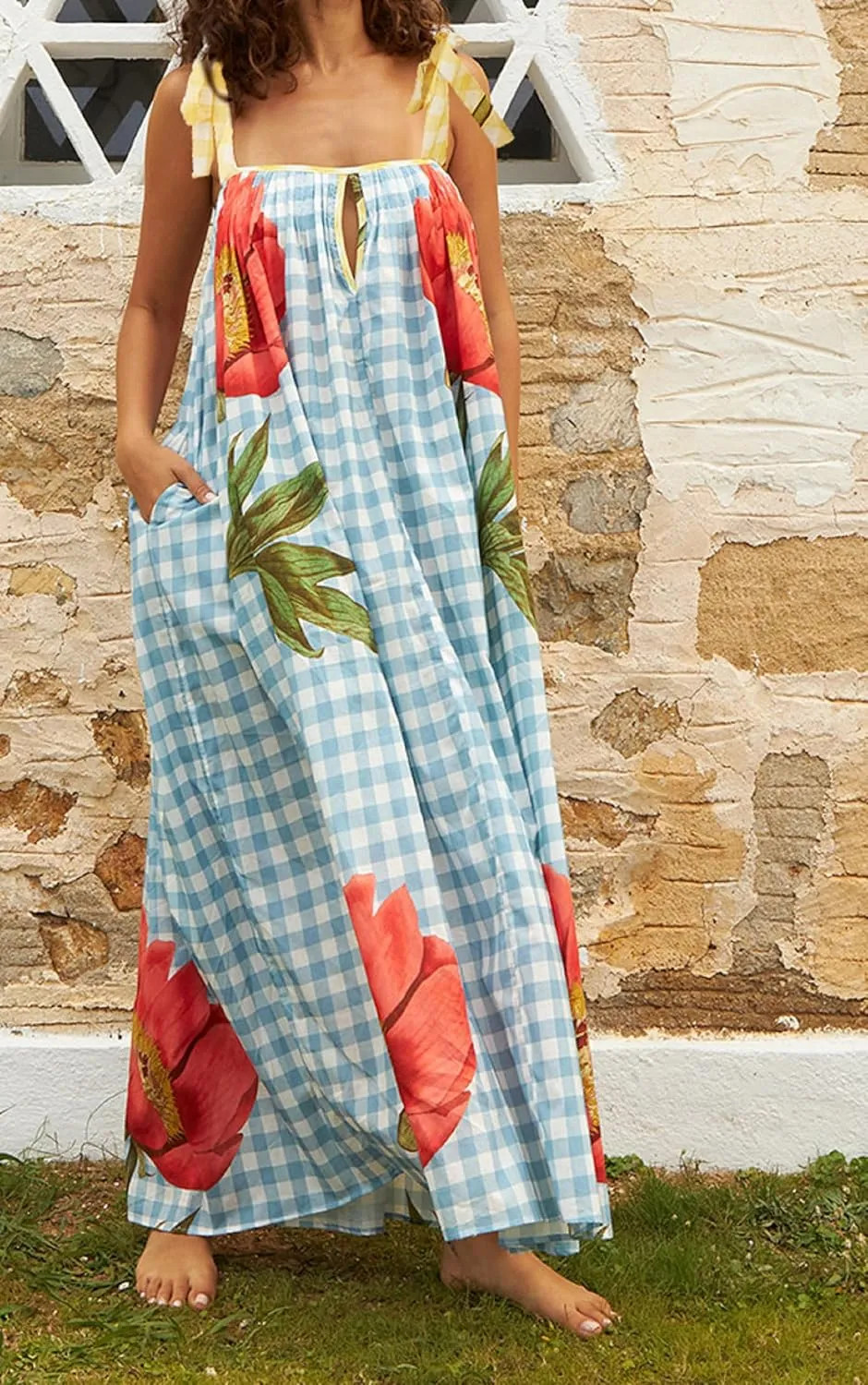 Women Floral Boho Tie Shoulder Beach Maxi Dress Vintage Flower Smocked Flowy Dress Tiered Summer Vocation Sundress