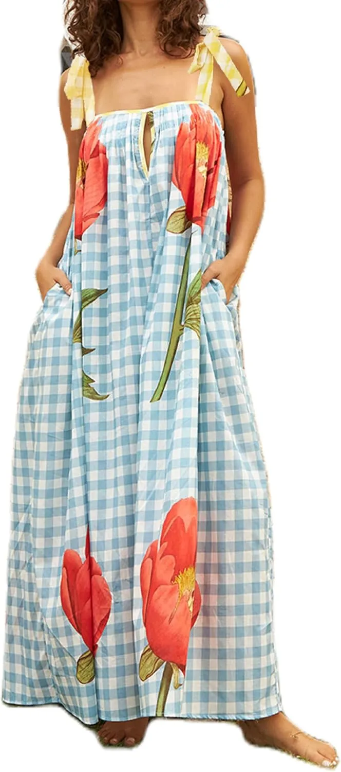 Women Floral Boho Tie Shoulder Beach Maxi Dress Vintage Flower Smocked Flowy Dress Tiered Summer Vocation Sundress