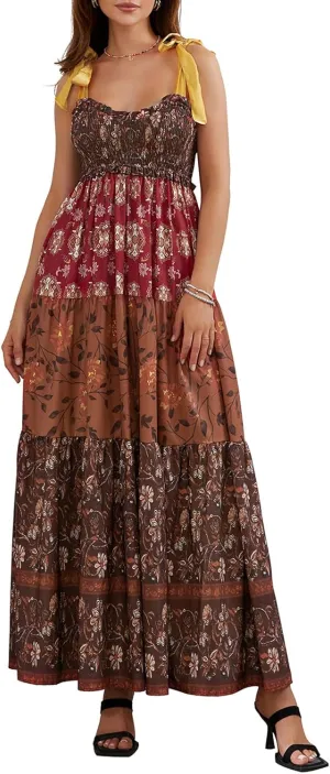 Women Floral Boho Tie Shoulder Beach Maxi Dress Vintage Flower Smocked Flowy Dress Tiered Summer Vocation Sundress
