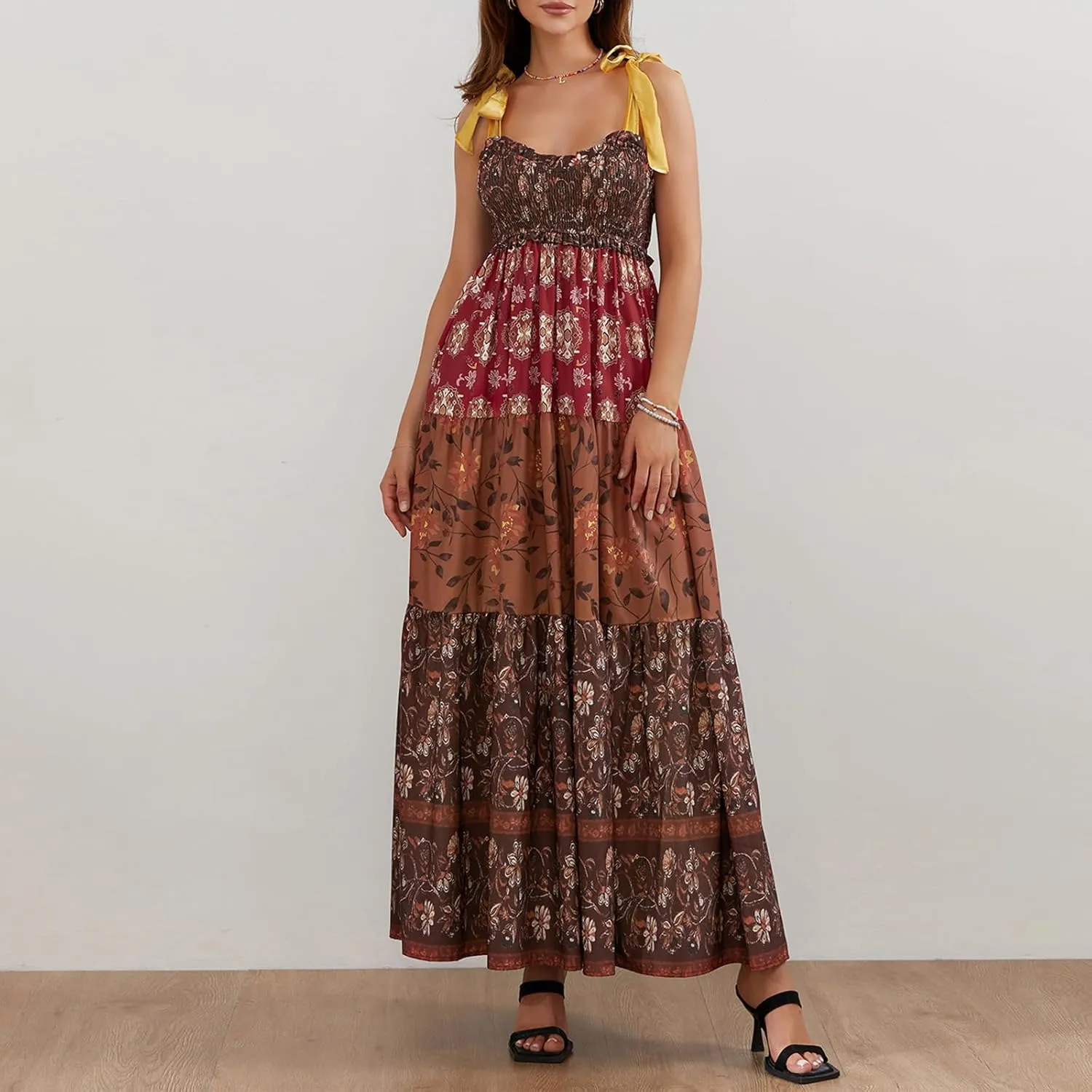 Women Floral Boho Tie Shoulder Beach Maxi Dress Vintage Flower Smocked Flowy Dress Tiered Summer Vocation Sundress