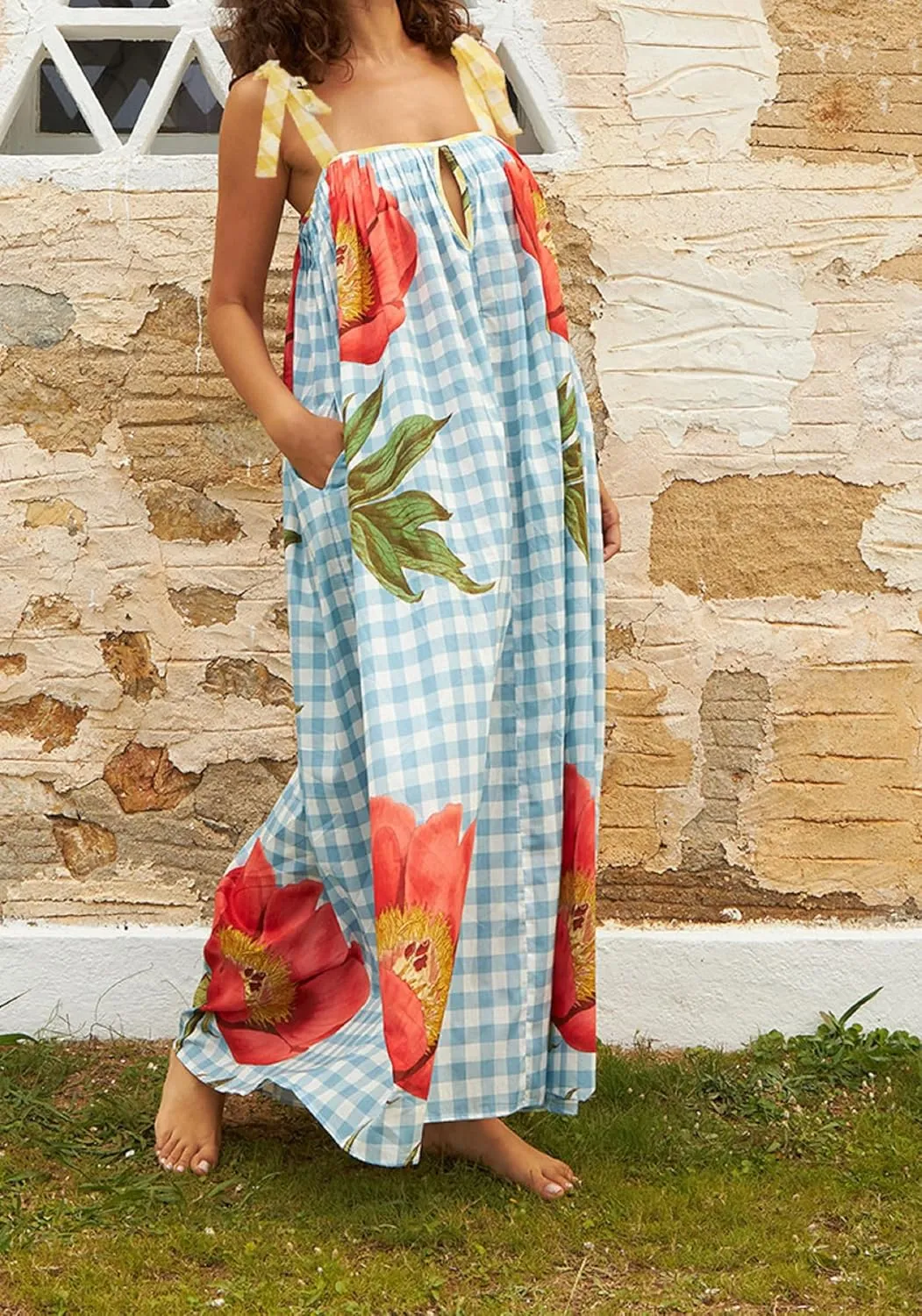 Women Floral Boho Tie Shoulder Beach Maxi Dress Vintage Flower Smocked Flowy Dress Tiered Summer Vocation Sundress