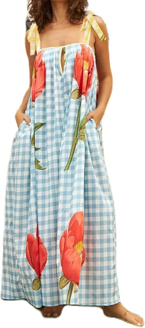 Women Floral Boho Tie Shoulder Beach Maxi Dress Vintage Flower Smocked Flowy Dress Tiered Summer Vocation Sundress