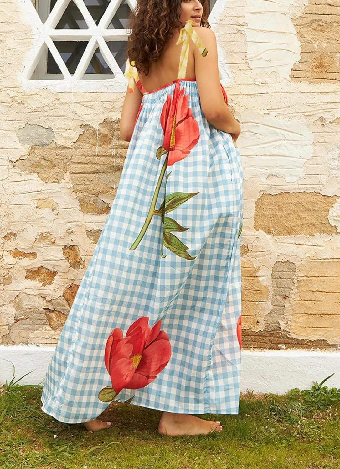Women Floral Boho Tie Shoulder Beach Maxi Dress Vintage Flower Smocked Flowy Dress Tiered Summer Vocation Sundress