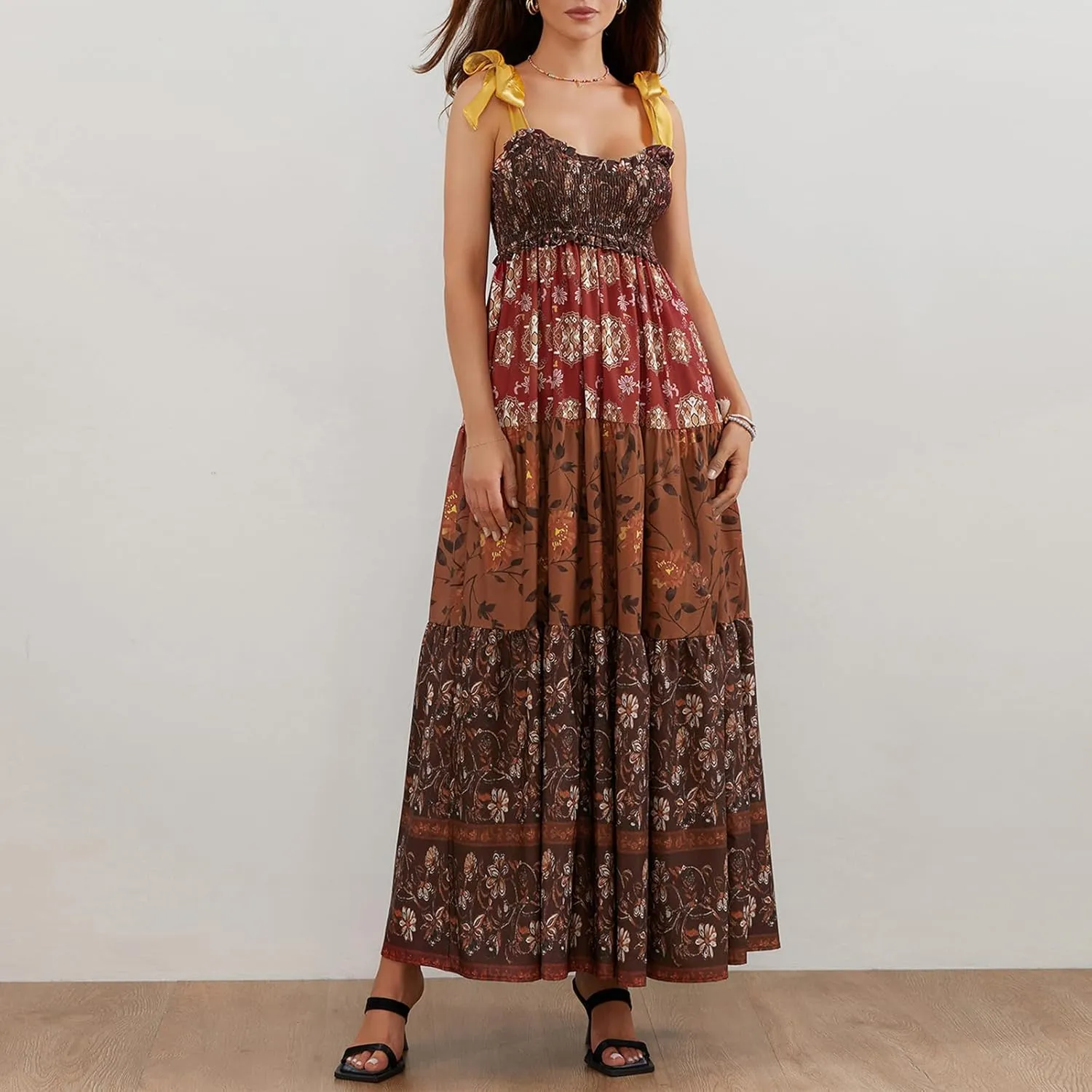 Women Floral Boho Tie Shoulder Beach Maxi Dress Vintage Flower Smocked Flowy Dress Tiered Summer Vocation Sundress
