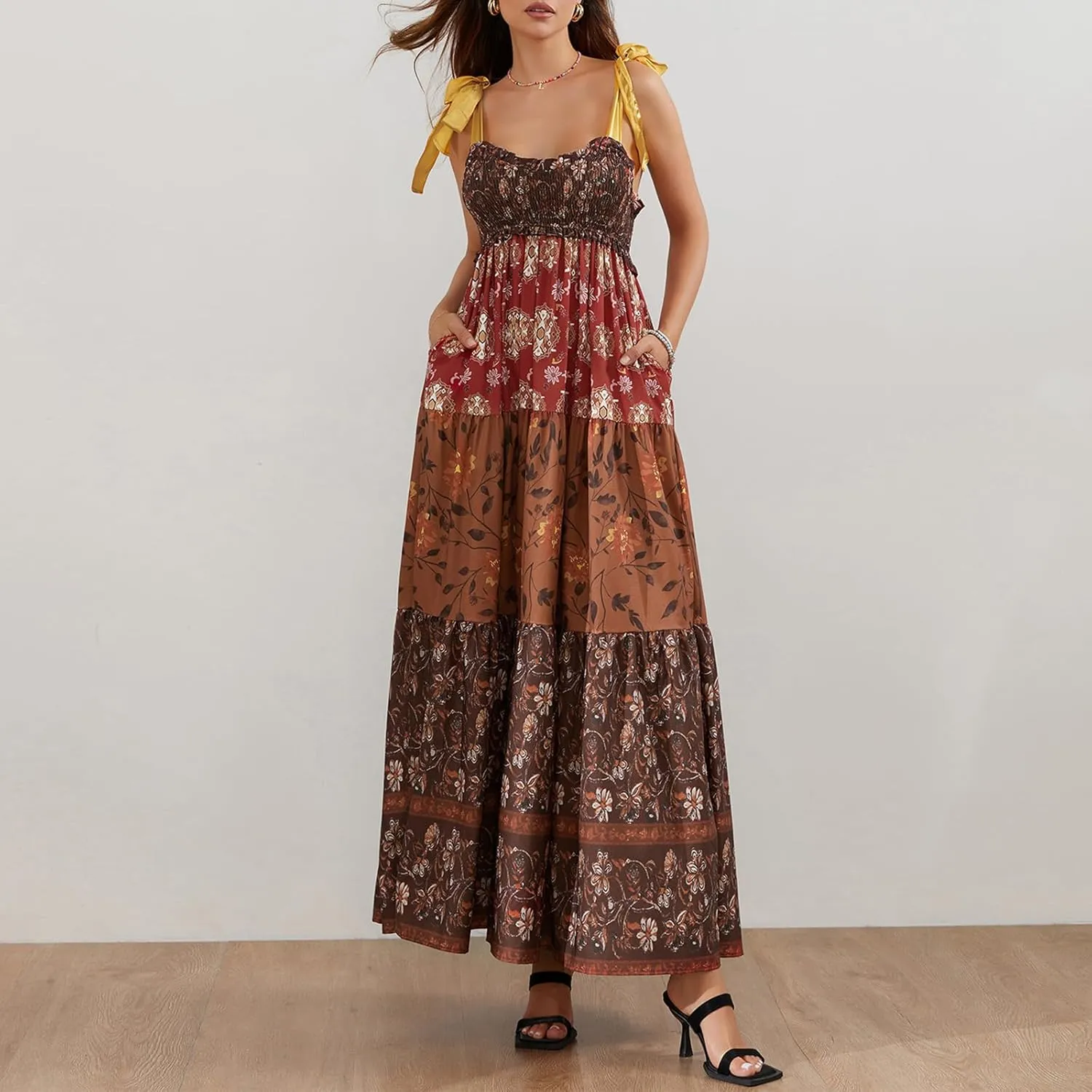 Women Floral Boho Tie Shoulder Beach Maxi Dress Vintage Flower Smocked Flowy Dress Tiered Summer Vocation Sundress