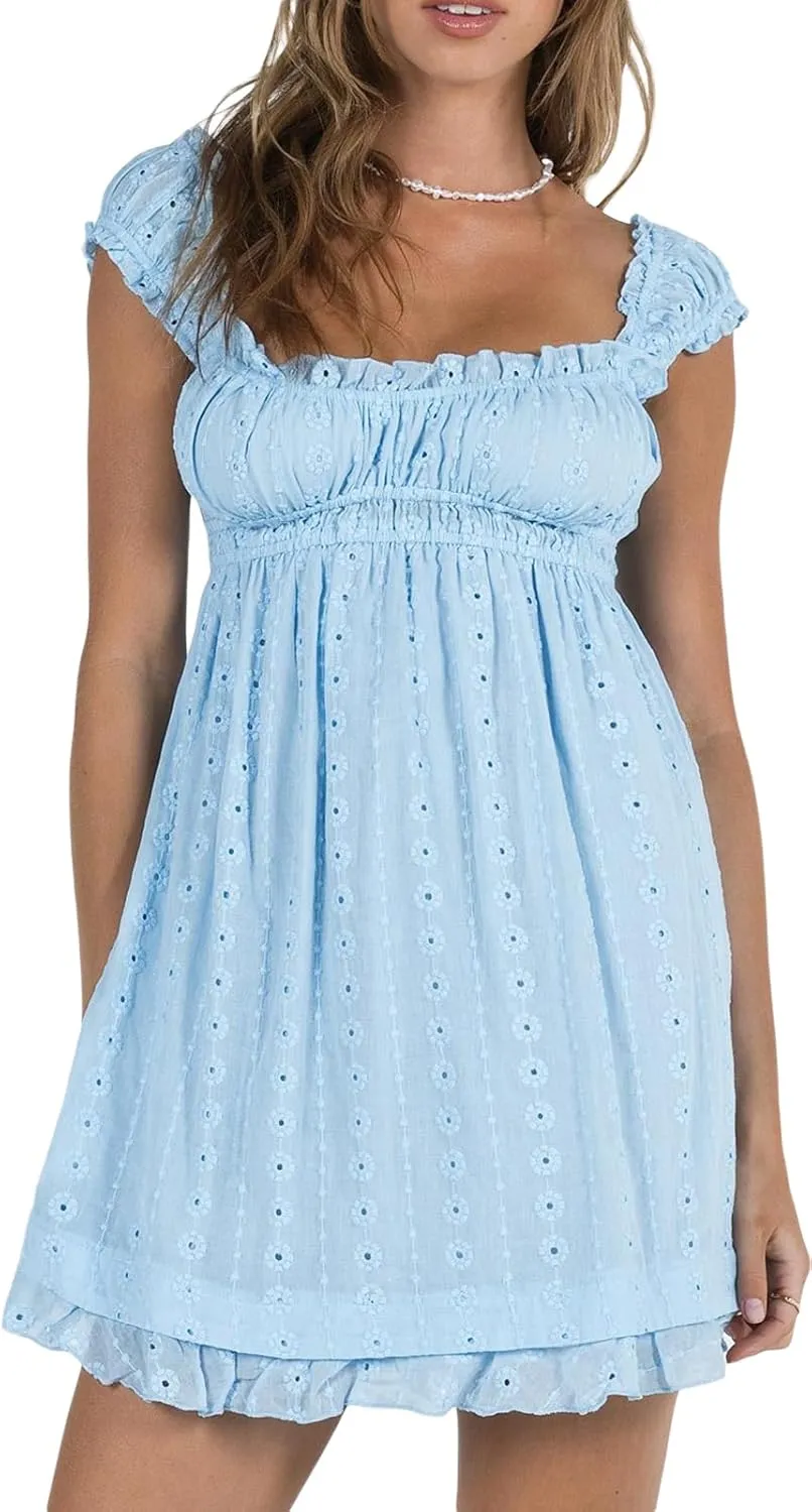Women Floral Eyelet Embroidery Mini Dress Ruffle Cap Sleeve Flowy Babydoll Dress Square Neck Peplum Beach Sundress