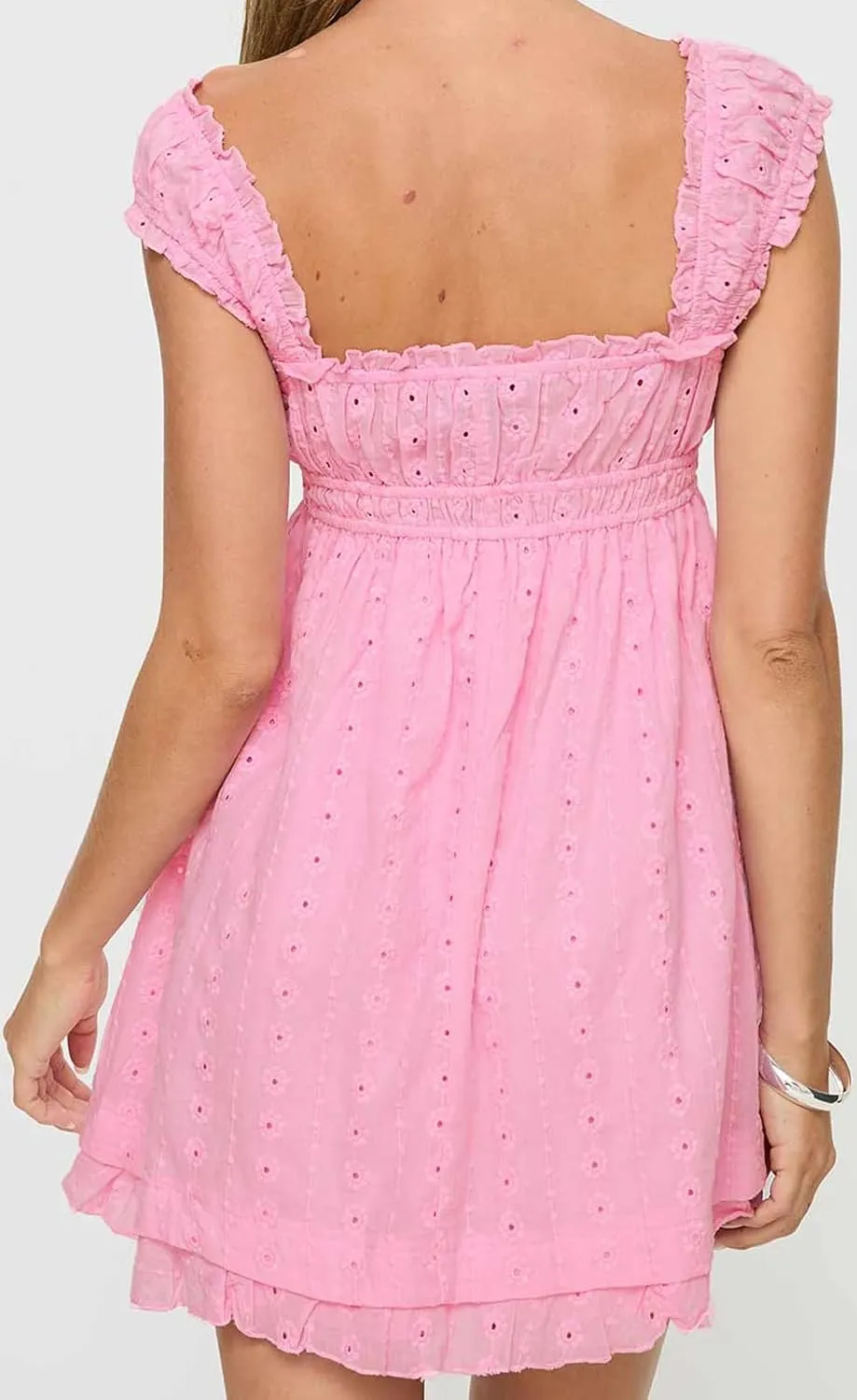 Women Floral Eyelet Embroidery Mini Dress Ruffle Cap Sleeve Flowy Babydoll Dress Square Neck Peplum Beach Sundress