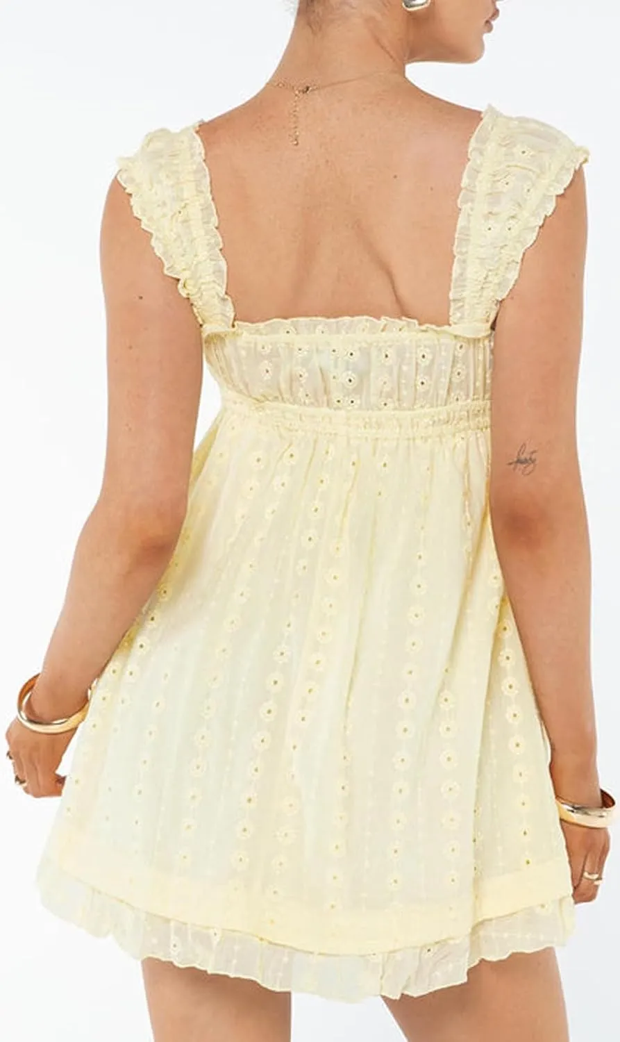 Women Floral Eyelet Embroidery Mini Dress Ruffle Cap Sleeve Flowy Babydoll Dress Square Neck Peplum Beach Sundress