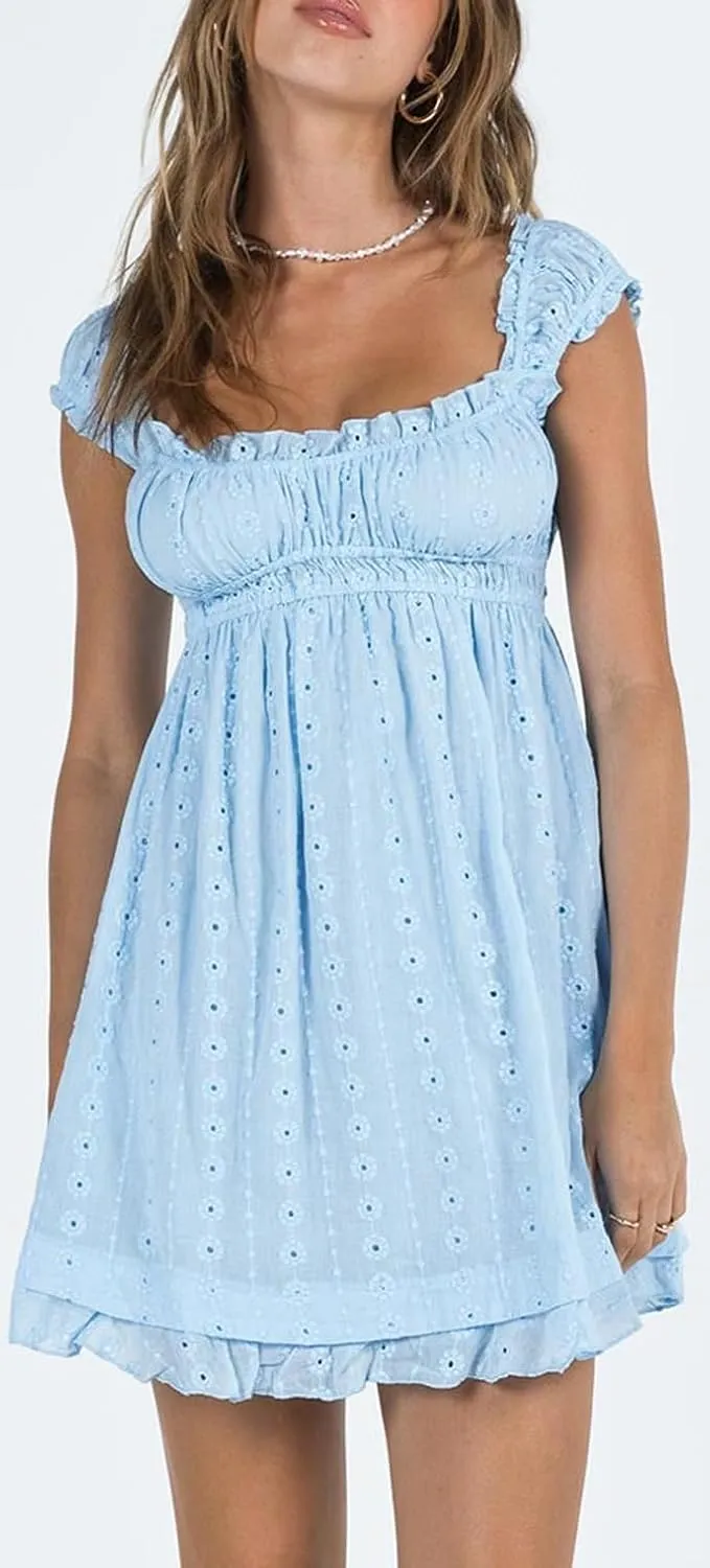 Women Floral Eyelet Embroidery Mini Dress Ruffle Cap Sleeve Flowy Babydoll Dress Square Neck Peplum Beach Sundress