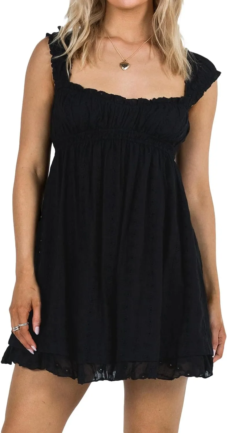 Women Floral Eyelet Embroidery Mini Dress Ruffle Cap Sleeve Flowy Babydoll Dress Square Neck Peplum Beach Sundress