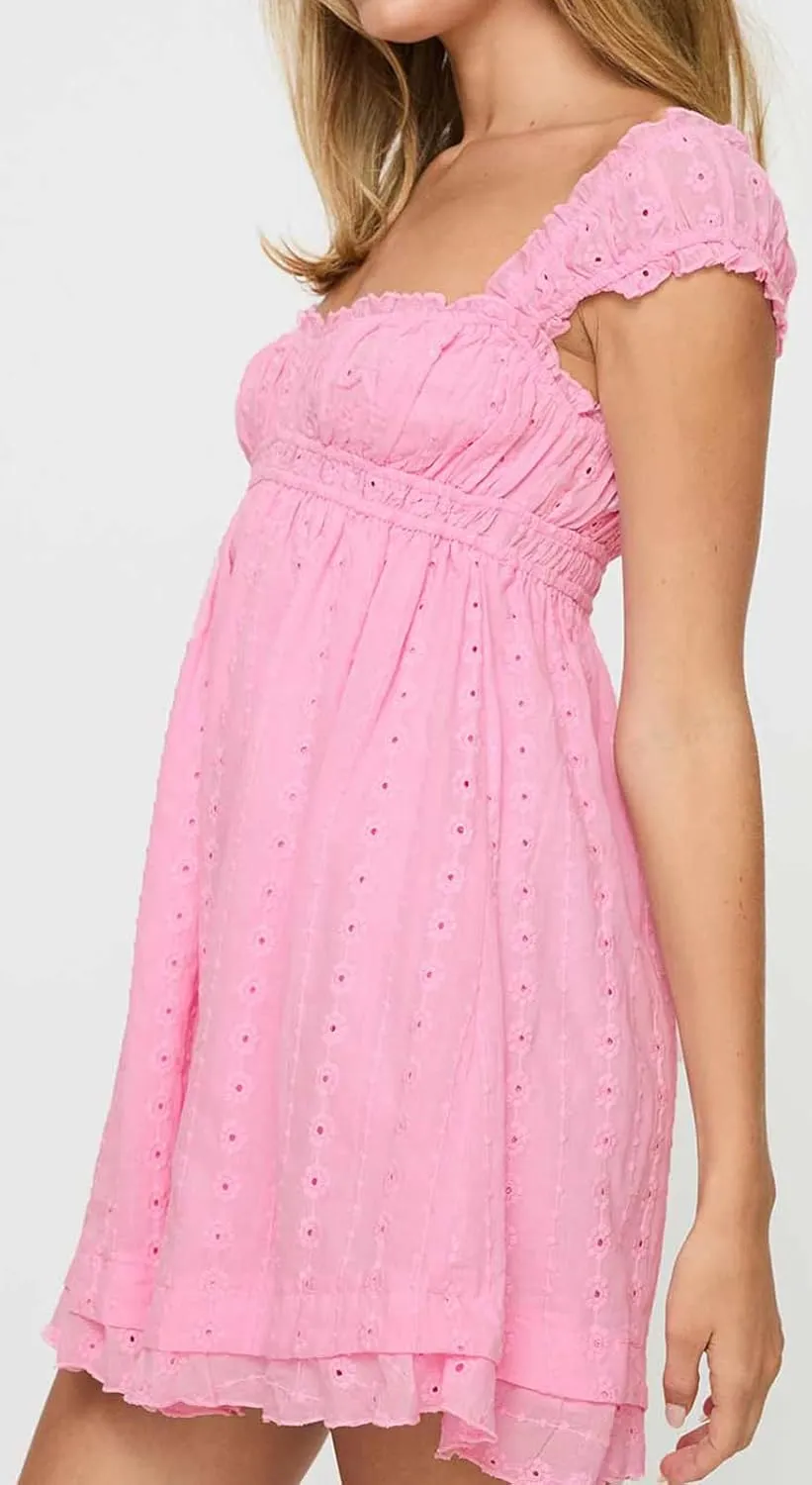 Women Floral Eyelet Embroidery Mini Dress Ruffle Cap Sleeve Flowy Babydoll Dress Square Neck Peplum Beach Sundress