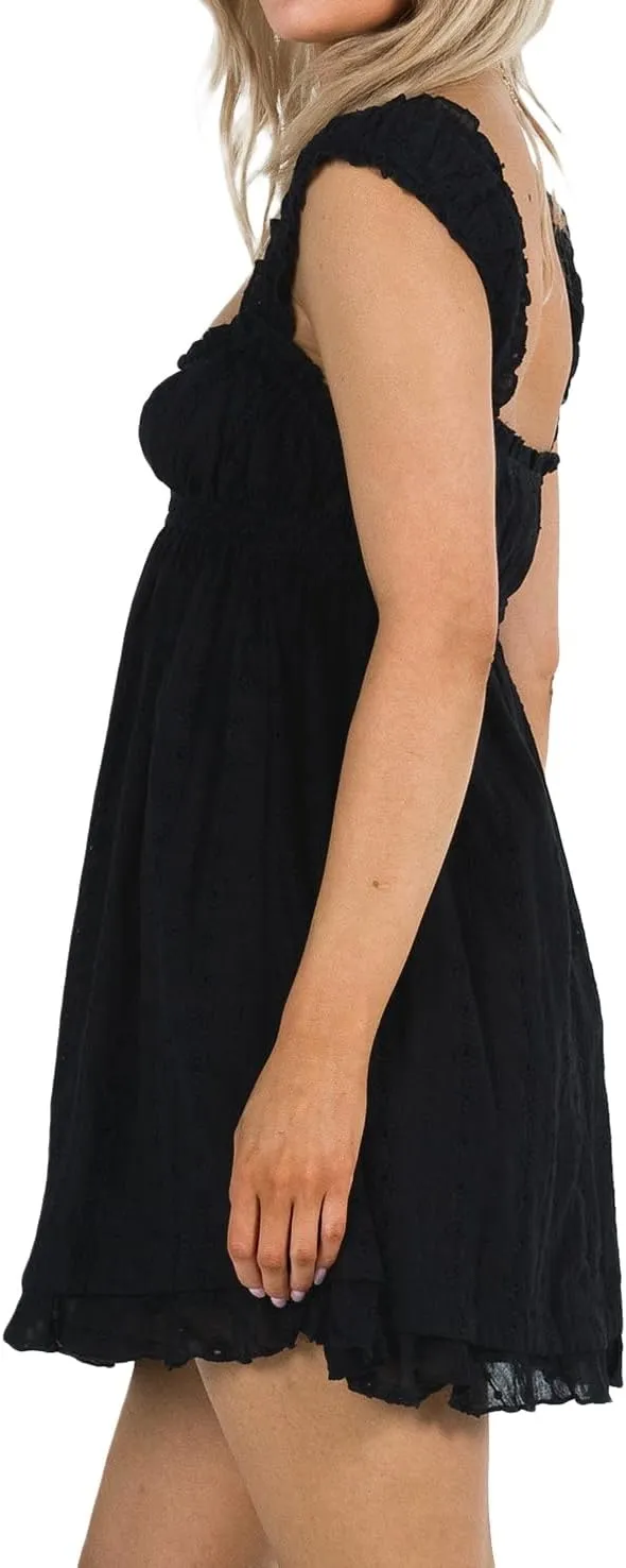 Women Floral Eyelet Embroidery Mini Dress Ruffle Cap Sleeve Flowy Babydoll Dress Square Neck Peplum Beach Sundress