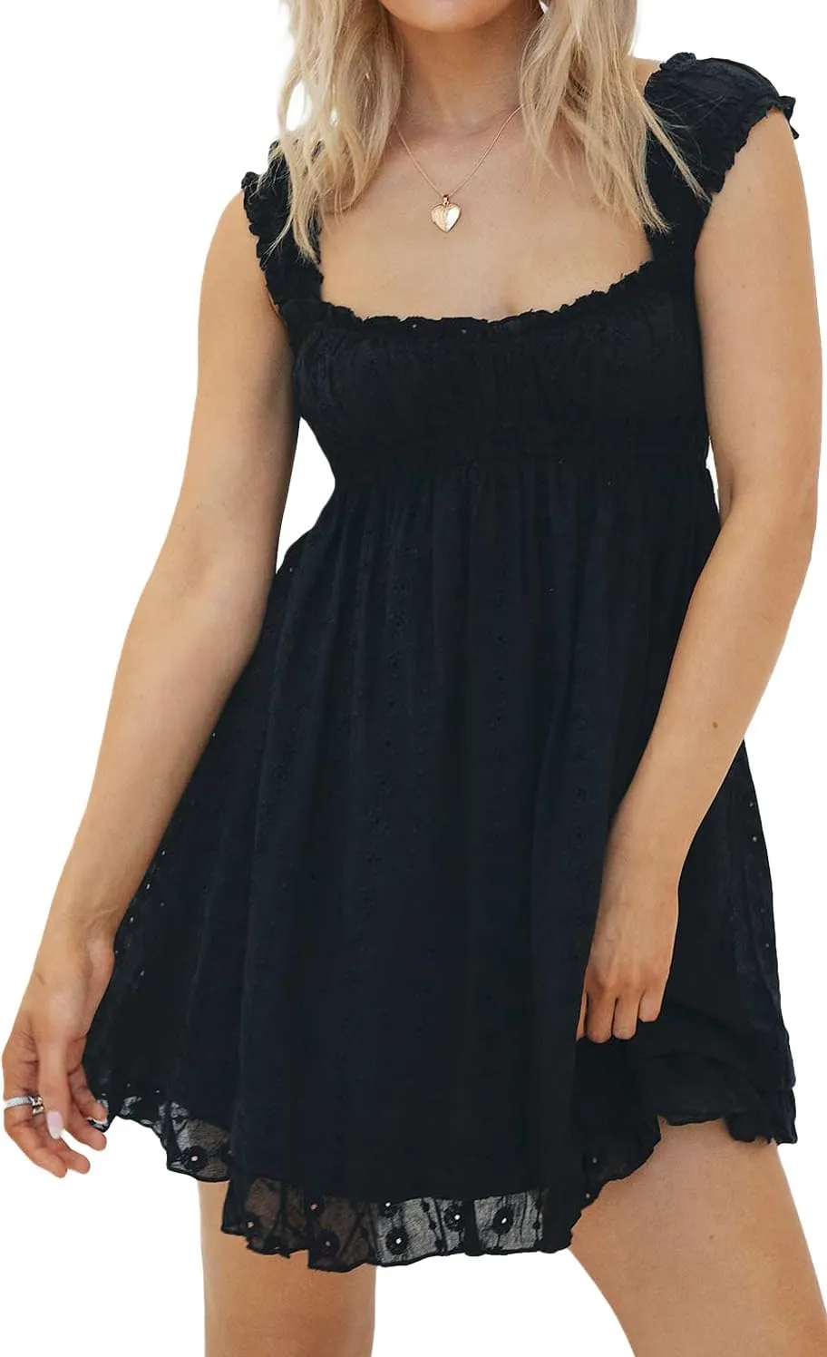Women Floral Eyelet Embroidery Mini Dress Ruffle Cap Sleeve Flowy Babydoll Dress Square Neck Peplum Beach Sundress