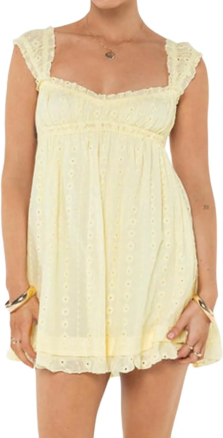 Women Floral Eyelet Embroidery Mini Dress Ruffle Cap Sleeve Flowy Babydoll Dress Square Neck Peplum Beach Sundress