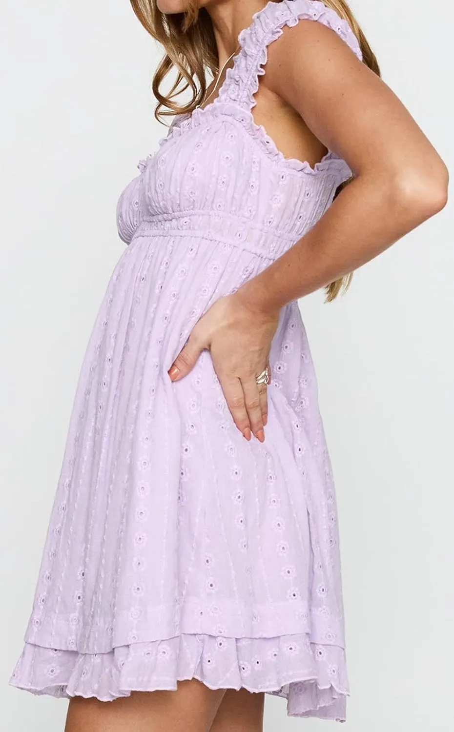 Women Floral Eyelet Embroidery Mini Dress Ruffle Cap Sleeve Flowy Babydoll Dress Square Neck Peplum Beach Sundress