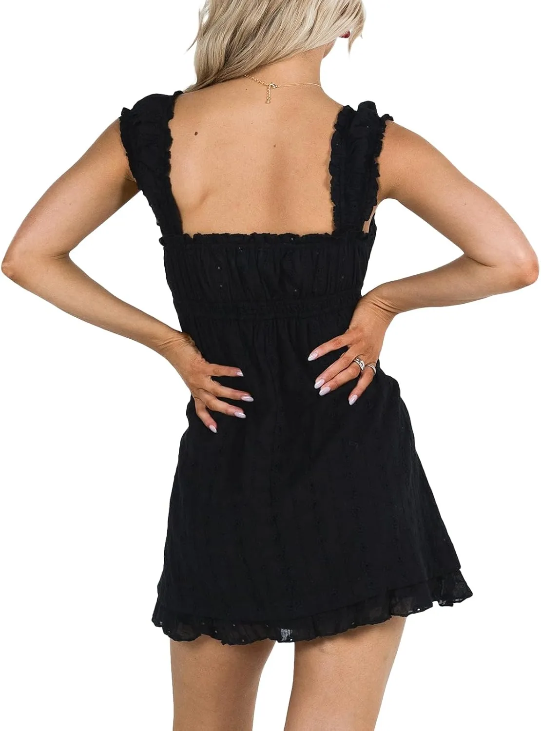 Women Floral Eyelet Embroidery Mini Dress Ruffle Cap Sleeve Flowy Babydoll Dress Square Neck Peplum Beach Sundress