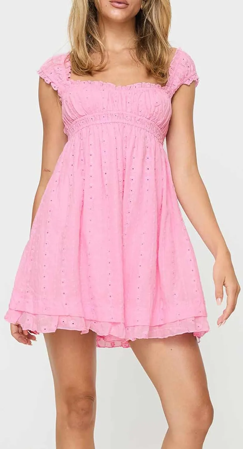 Women Floral Eyelet Embroidery Mini Dress Ruffle Cap Sleeve Flowy Babydoll Dress Square Neck Peplum Beach Sundress