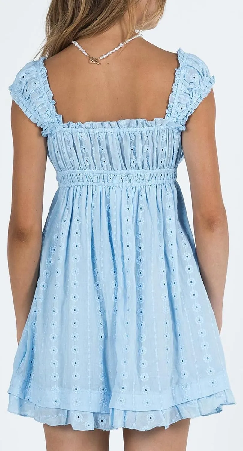 Women Floral Eyelet Embroidery Mini Dress Ruffle Cap Sleeve Flowy Babydoll Dress Square Neck Peplum Beach Sundress