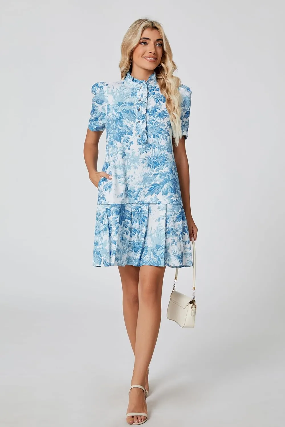 Women Floral Mini Dress Short Sleeve Stand Collar Button Up Elegant Work Swing Short Pleated Dress