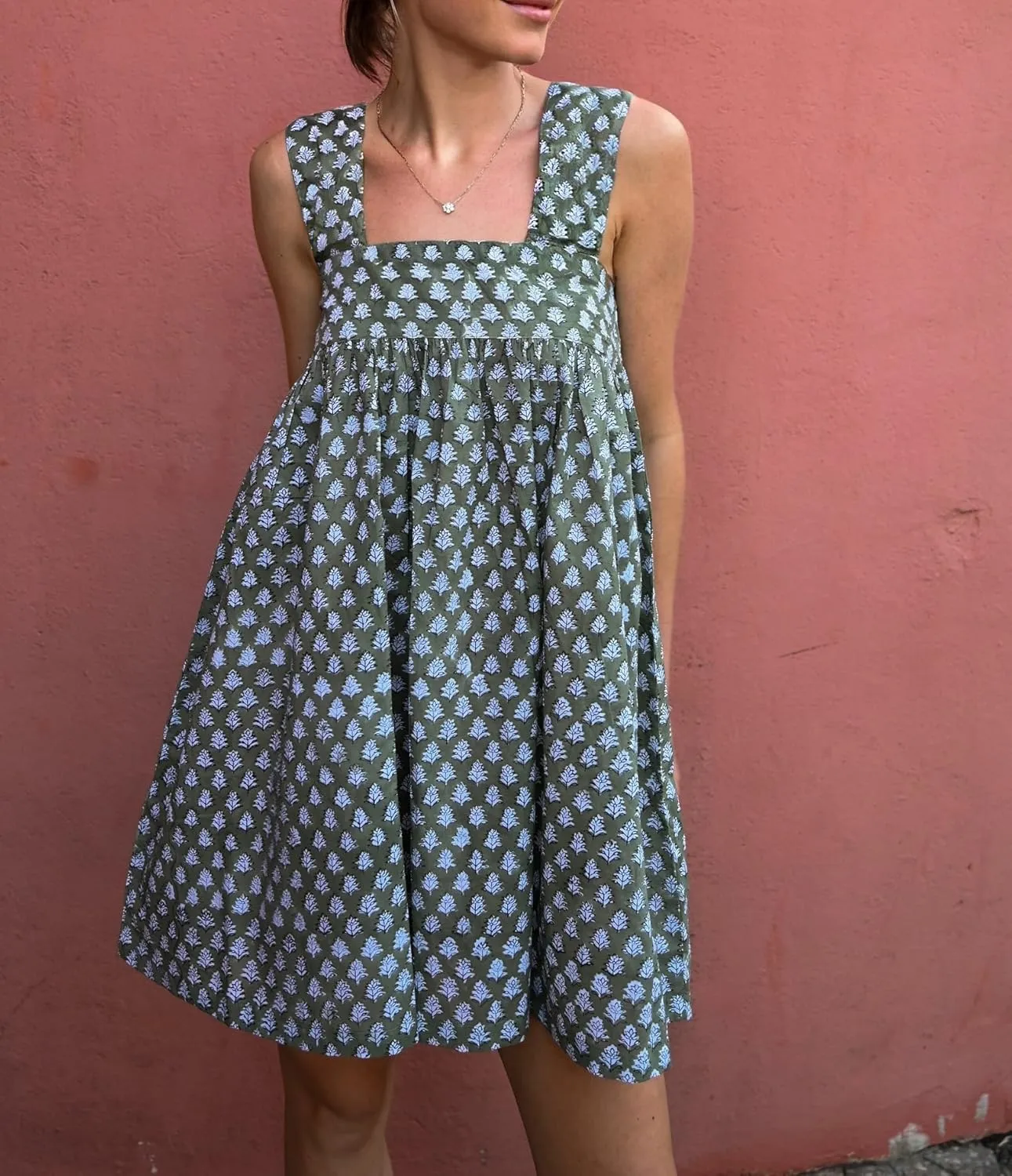 Women Floral Tie Shoulder Mini Dress Cute Square Neck Loose Fit Beach Short Dress Boho Summer Vocation Sundress