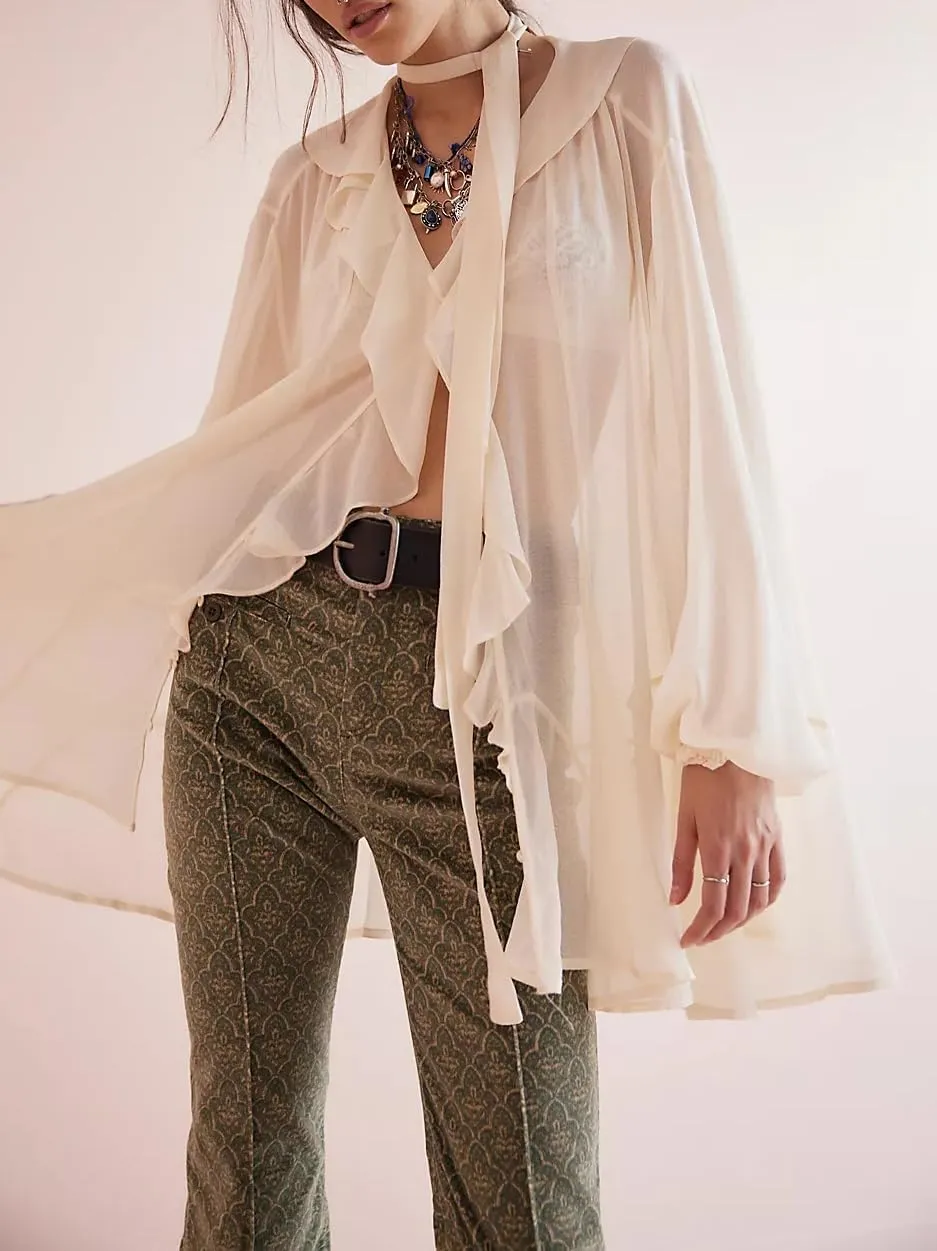Women Full Sleeve Frill Tops Sexy See Through Sheer Ruffle Trim Blouse Top Self Tie Neck Shawl Shirts Tops