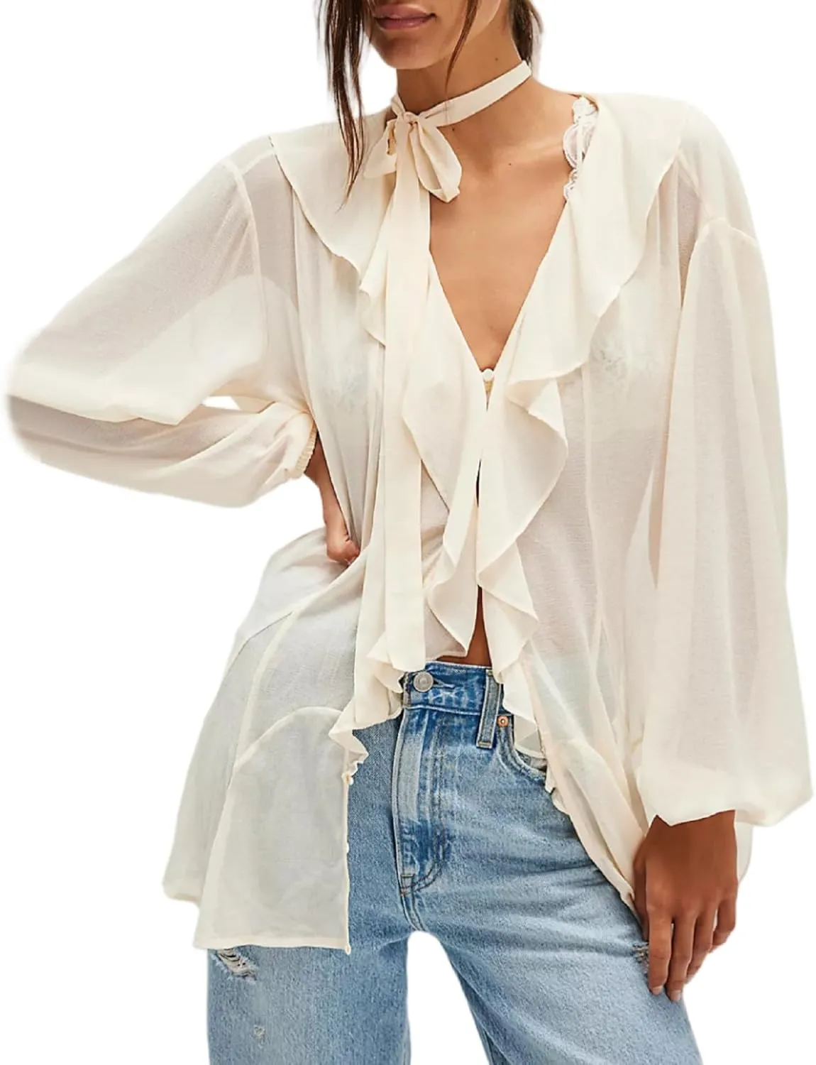 Women Full Sleeve Frill Tops Sexy See Through Sheer Ruffle Trim Blouse Top Self Tie Neck Shawl Shirts Tops
