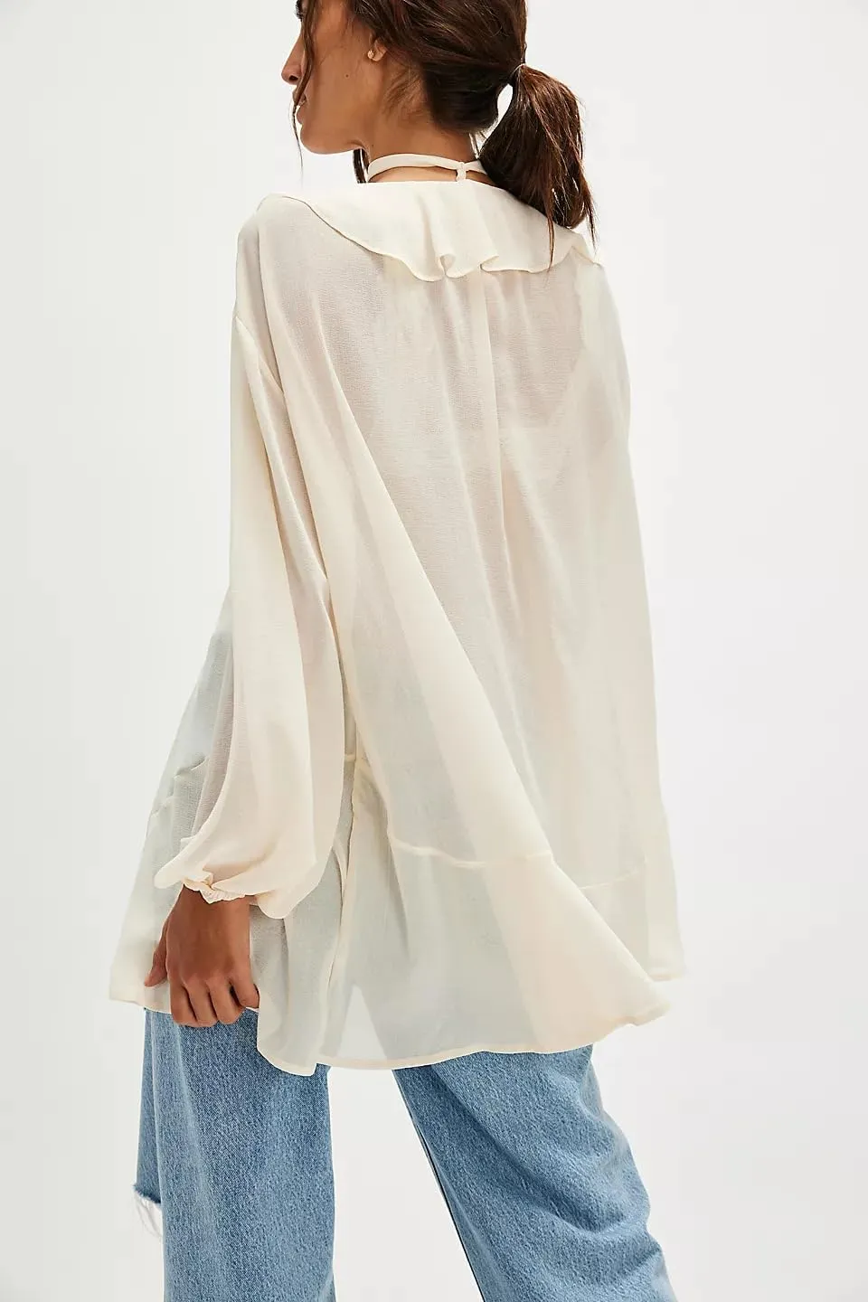 Women Full Sleeve Frill Tops Sexy See Through Sheer Ruffle Trim Blouse Top Self Tie Neck Shawl Shirts Tops