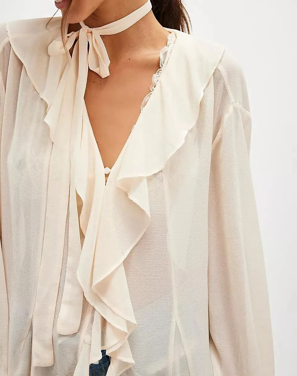 Women Full Sleeve Frill Tops Sexy See Through Sheer Ruffle Trim Blouse Top Self Tie Neck Shawl Shirts Tops