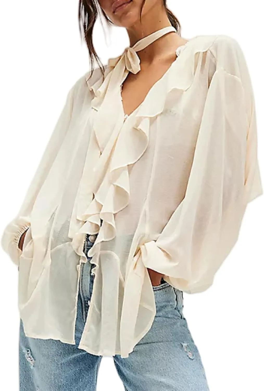 Women Full Sleeve Frill Tops Sexy See Through Sheer Ruffle Trim Blouse Top Self Tie Neck Shawl Shirts Tops
