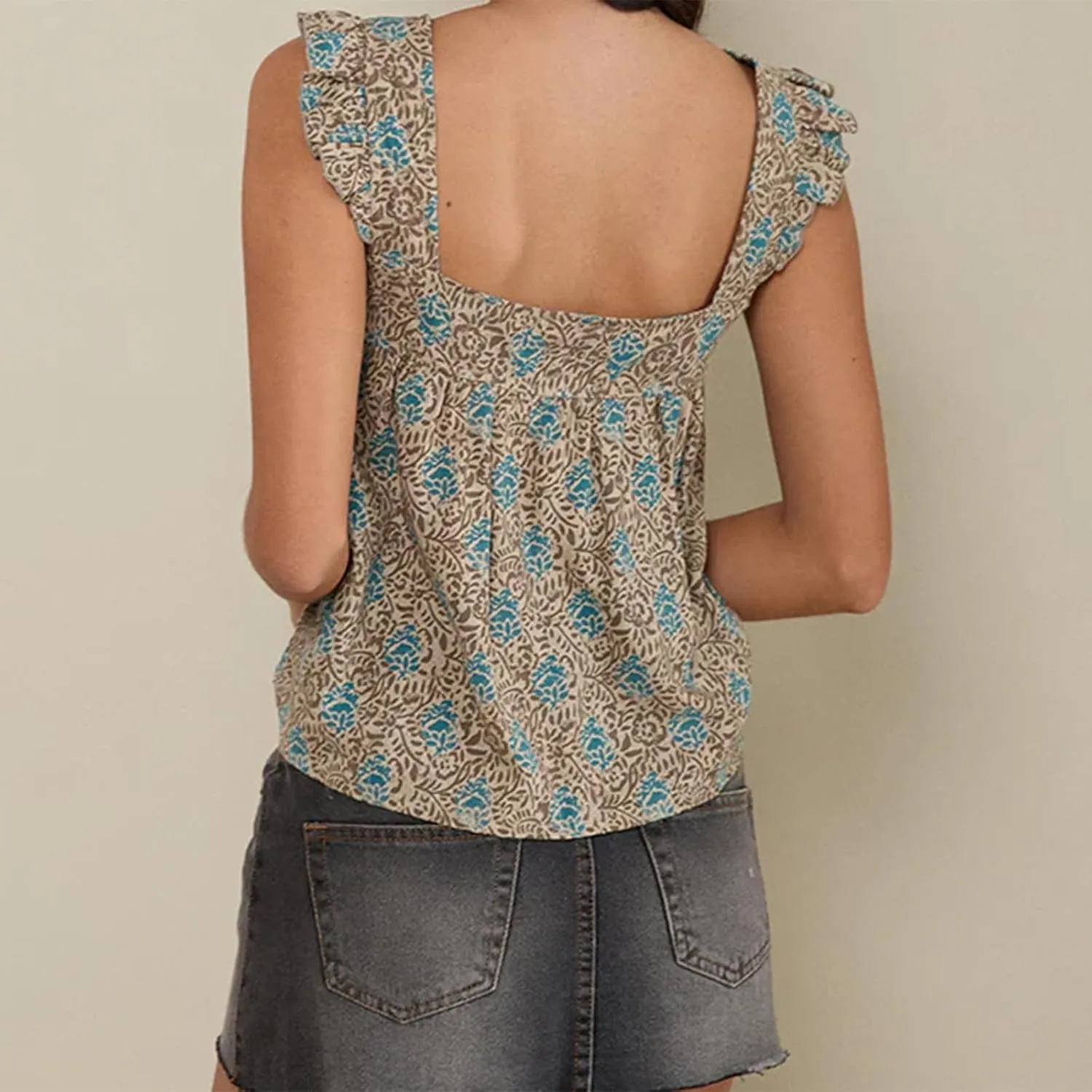 Women Gingham Babydoll Tank Tops Ruffle Strap Square Neck Camisole Plaid Flared Hem Flowy Peplum Tops