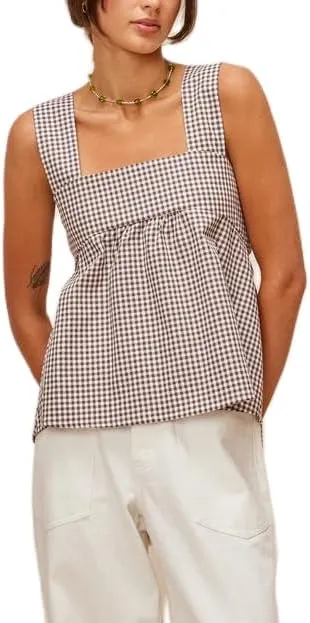Women Gingham Tank Top Y2K Tie Back Peplum Tank Vintage Plaid Half Backless Sleeveless Babydoll Blouse Going Out Tops