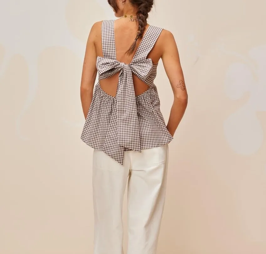 Women Gingham Tank Top Y2K Tie Back Peplum Tank Vintage Plaid Half Backless Sleeveless Babydoll Blouse Going Out Tops