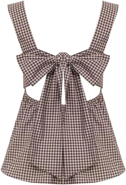 Women Gingham Tank Top Y2K Tie Back Peplum Tank Vintage Plaid Half Backless Sleeveless Babydoll Blouse Going Out Tops