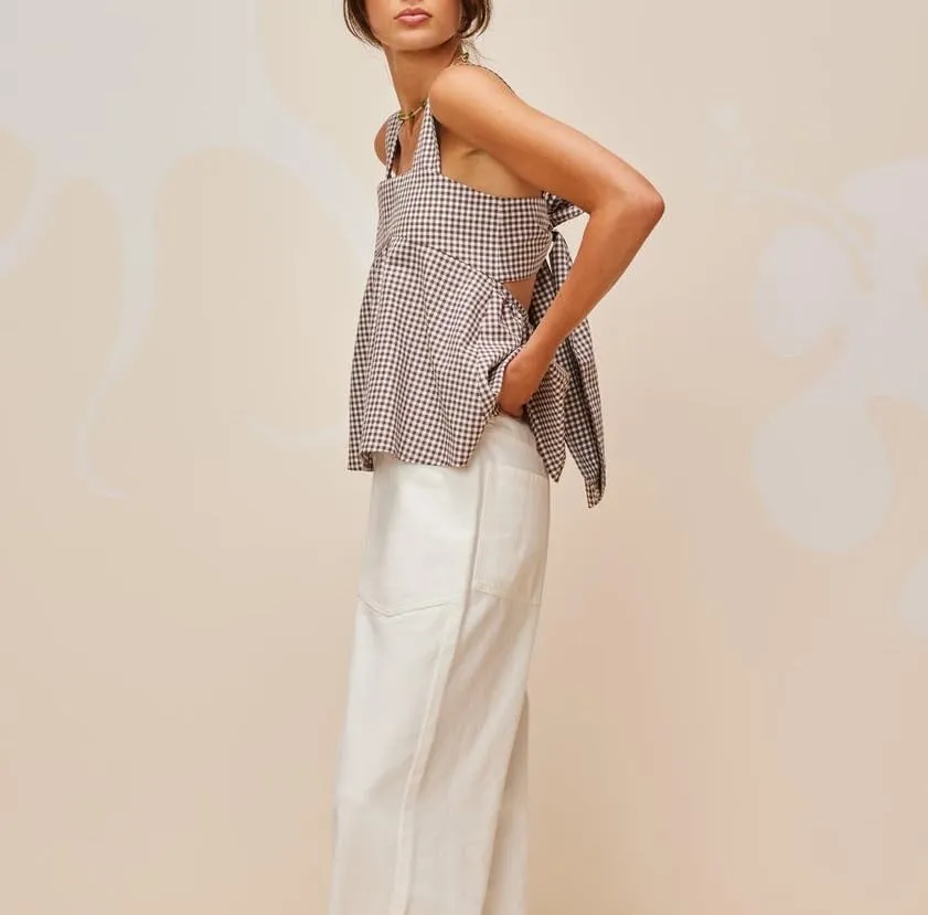 Women Gingham Tank Top Y2K Tie Back Peplum Tank Vintage Plaid Half Backless Sleeveless Babydoll Blouse Going Out Tops